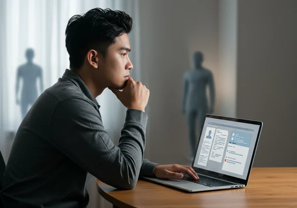 A person reflects on relationship issues, online test hints.