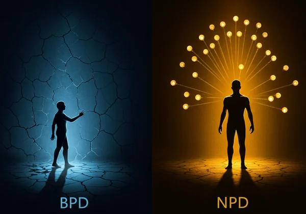 Abstract art of BPD's fear vs NPD's need for admiration.