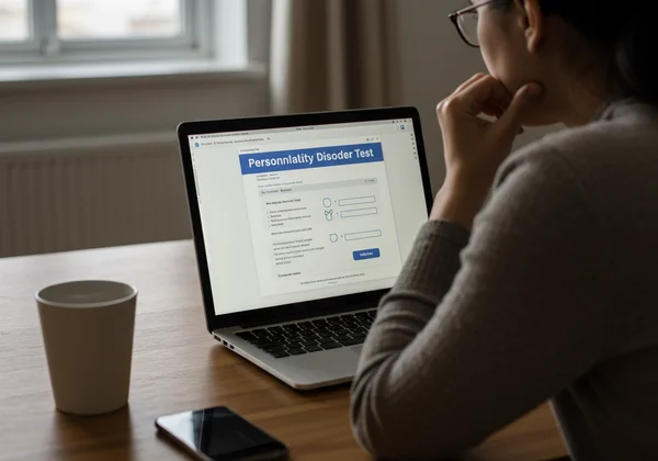 Person taking an online personality test on a laptop screen.
