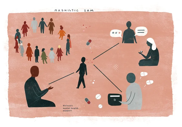 People in a support group, medication, and a therapist