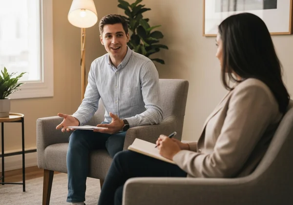 Client openly sharing concerns with an empathetic therapist